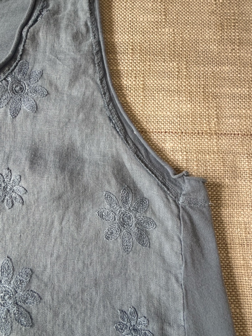 Italian Linen Cotton Blend Blue Floral Embroidery Boho Sleeveless Top-Sz-XL - Picture 12 of 16